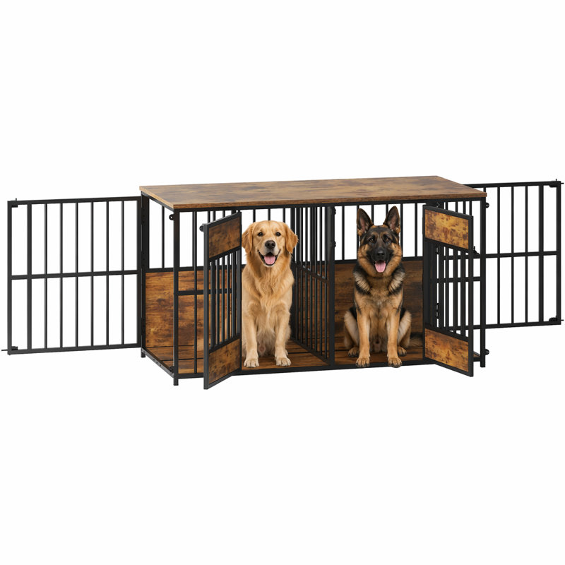 Cage en bois pour chien avec 4 portes et plateau de rangement