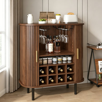 Fluted Wine Bar Cabinet With 8-Grid Wine Rack, 5-Level Adjustable Shelves, 2 Glass Holders, And Hidden Storage, Modern Liquor Coffee Station