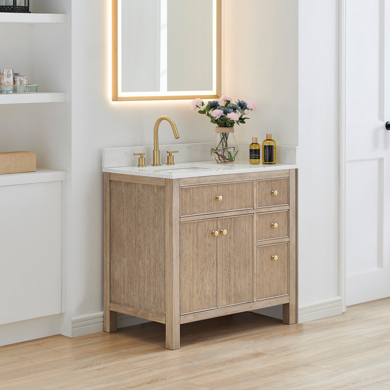 Lala 36" Single Bathroom Vanity with Grain White Engineered Stone Countertop without Mirror, Natural Oak