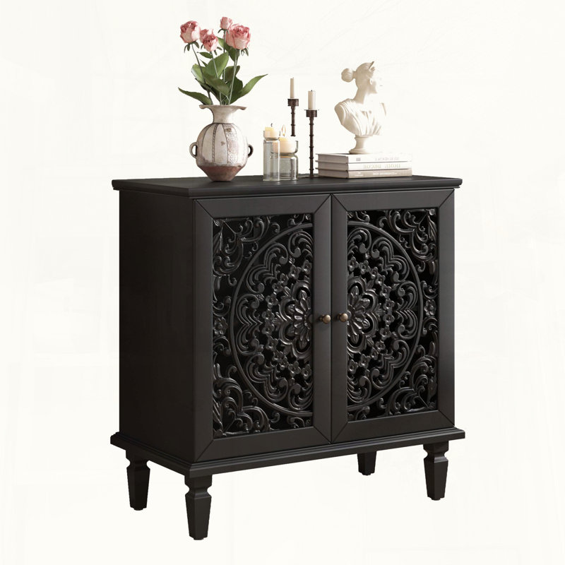 Armoire d'appoint vintage avec portes sculptées creuses florales et tablette réglable, Black