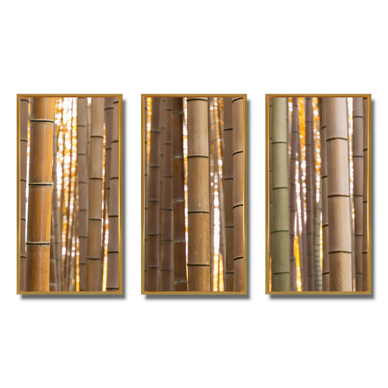 Tiges de bambou dans la forêt d'automne - ensemble d'art mural sur toile traditionnel encadré de 3, Cadre doré