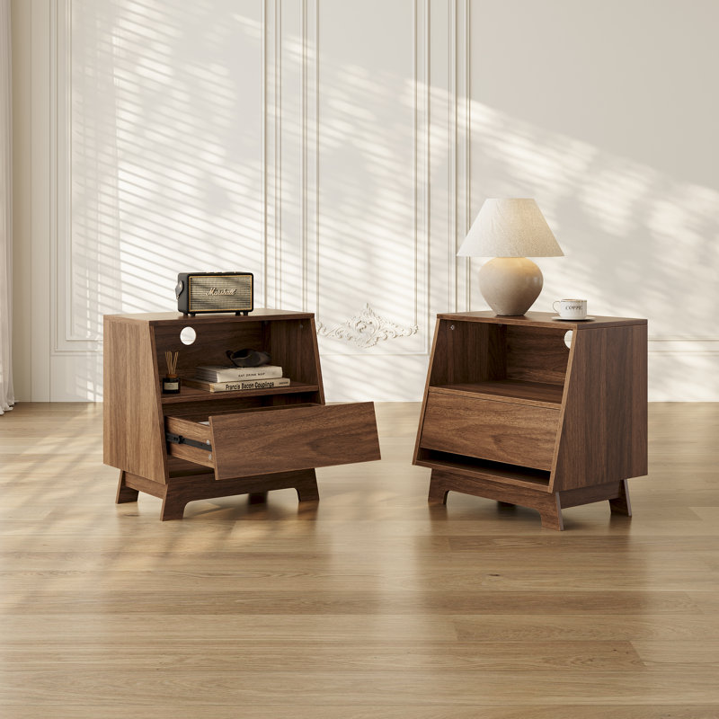 Ensemble de 2 tables de chevet de style Mid-Century moderne, tables de chevet en noyer foncé de 22 pouces avec tiroir de rangement et compartiment ouvert, table de bout en bois avec trou pour la chambre