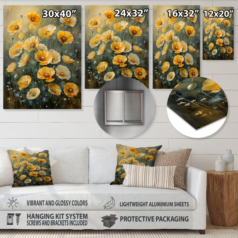 «Yellow Poppies Whispers Of Joy II», impression d'art mural coquelicots, Métal métal, H 16 po x l 32 po