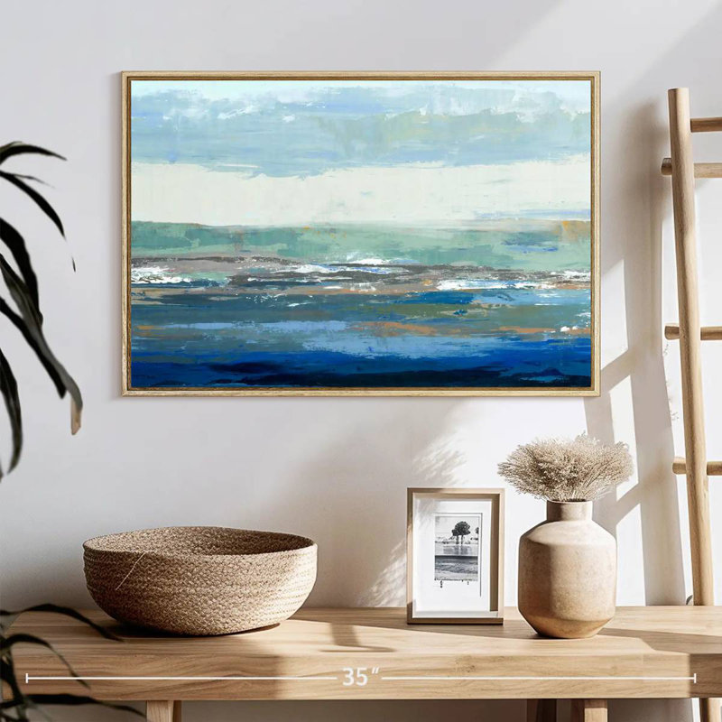 Une grande vague, 25 po x 17 po, Cadre flottant en bois naturel