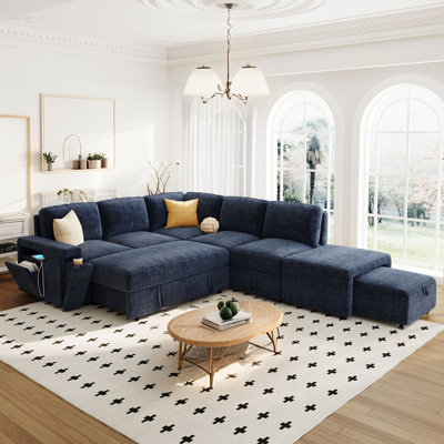 L-Shaped Padded Modular Pull Out Sofa Bed With Storage Space, USB Ports And Cup Holders On The Armrests