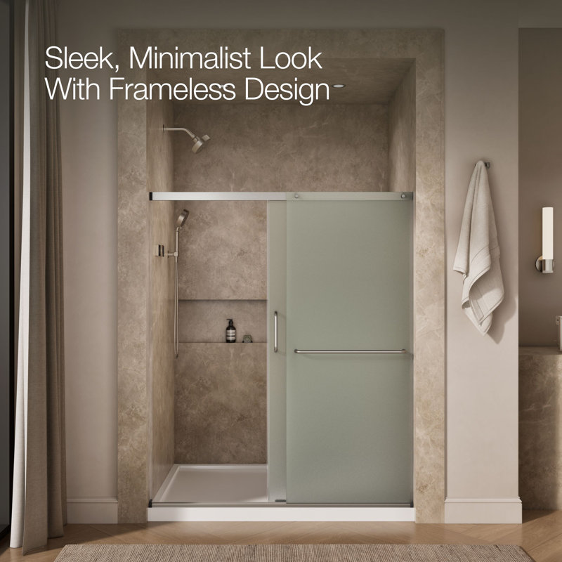Elate Sliding Shower Door, 70-1/2-In H X 56-1/4 - 59-5/8-In W, With 1/4-In Thick Crystal Clear Glass, Nickel/Frosted