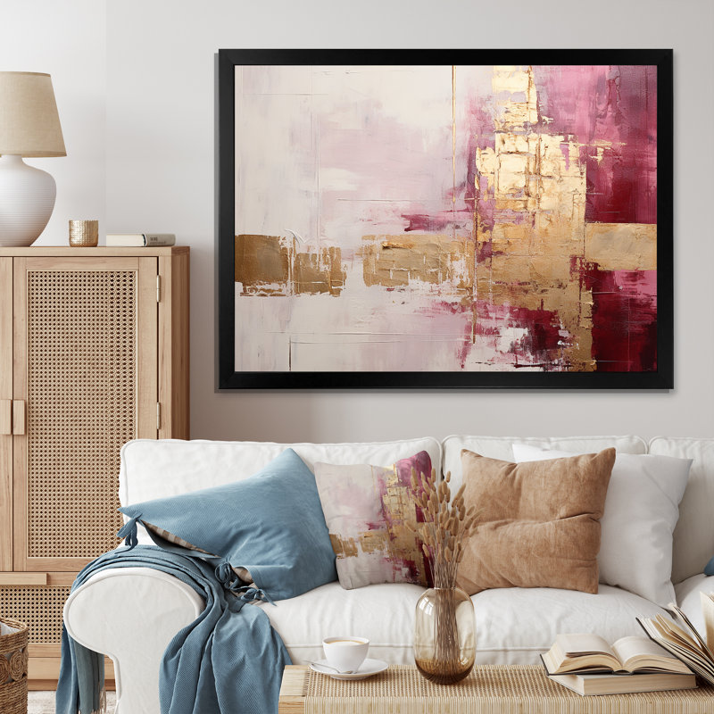 Minimalisme, horizon rose et doré - peinture abstraite, art mural, H 34 po x l 44 po x P 1,5 po, Cadre simple noir