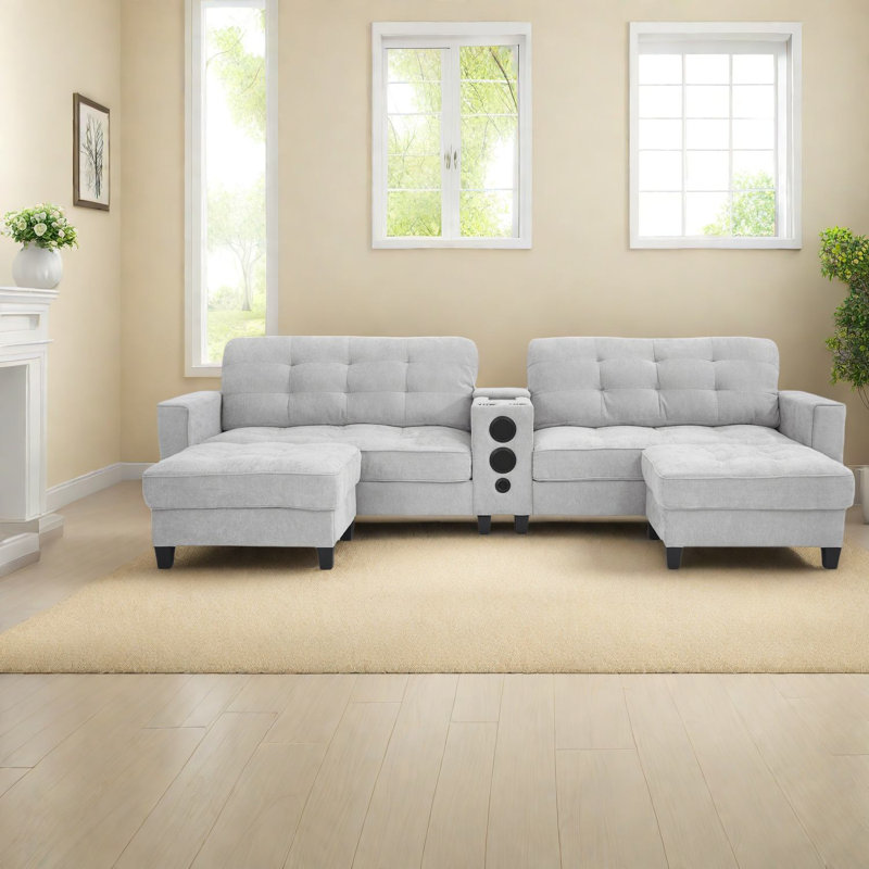 U-shaped Modular Sofas With Bluetooth And Storage, Light Grey Chenille For Modern Living Rooms