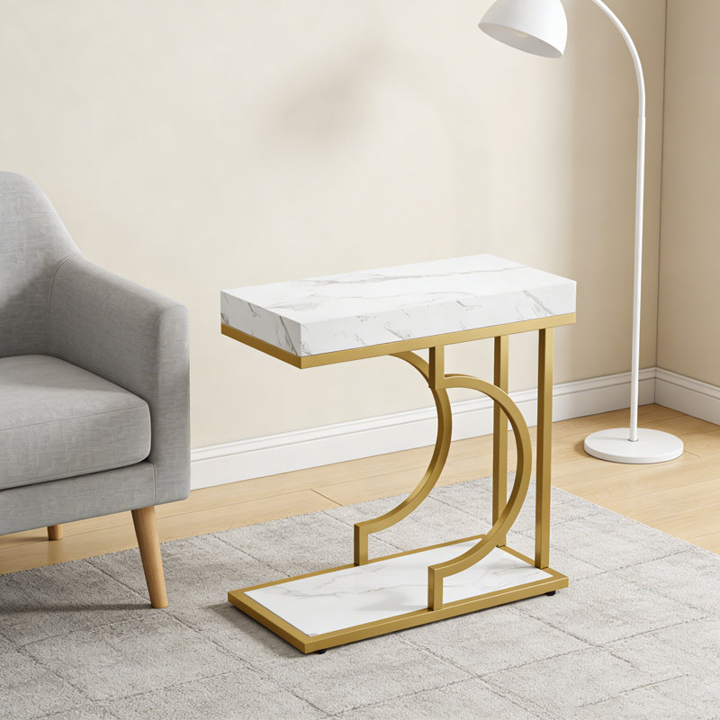 Bedside Table,End Table, Gold,White