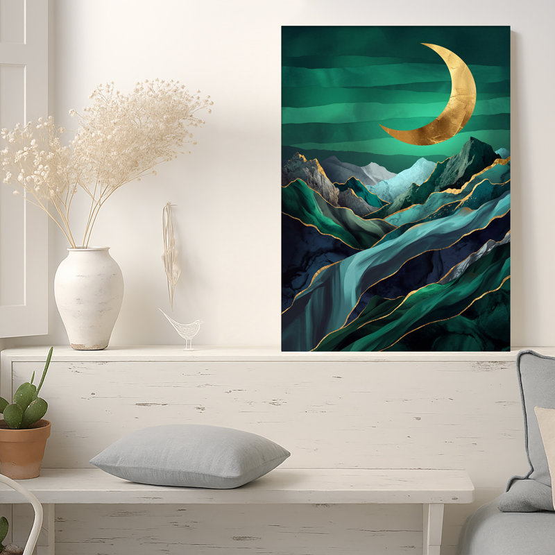 Art mural sur toile Gold Crescent Moon Over Teal, 18"H x 12"W
