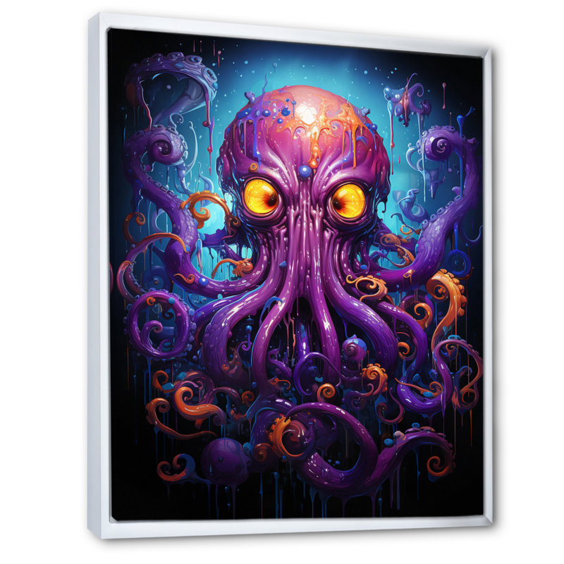 «Purple Animal Electric Octopus Drips», reproduction sur toile, H 44 po x l 34 po x P 1,5 po, Cadre flottant blanc
