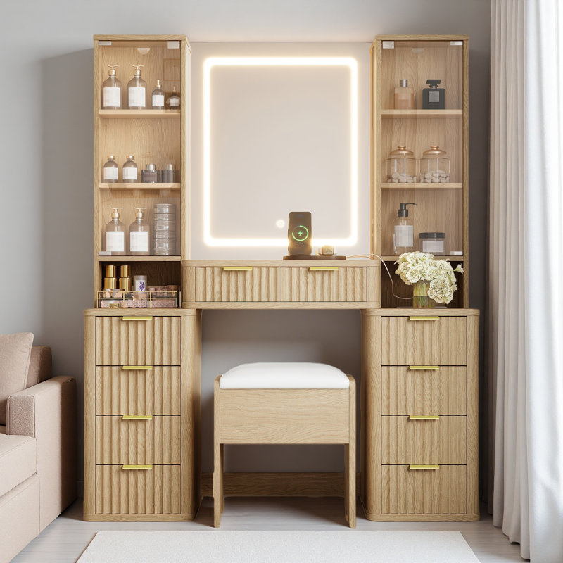 43.5 Inch Fluted Makeup Vanity Desk With Mirror, Lights, And Charging Station, Modern Glass Top With 10 Drawers And 2 Transparent Cabinets, Oak
