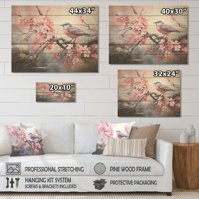 Oiseaux roses et bleus sur un cerisier en fleurs III - Oiseau sur bois, H 10 po x l 20 po x P 0,78 po