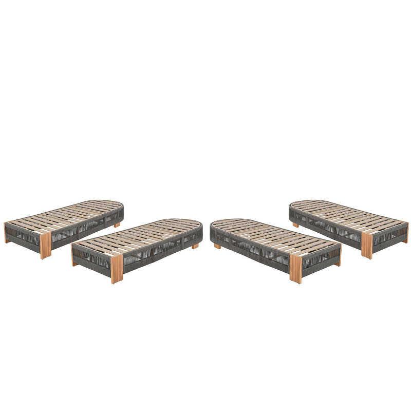 Outdoor  Acacia Wood Patio Adjustable Lounge Chair Set Of 4- Uncushioned For Backyard Pool Garden-Grey Rope & Natural Iron, 4
