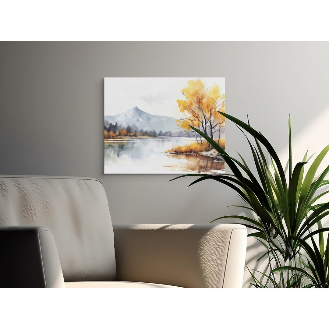 Autumn Lake Mountain Watercolor Canvas Wall Art, Scenic Fall Landscape Print, Nature Lover Gift, Rustic Home Decor Artwork