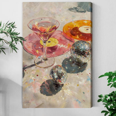 Tableau sur toile encadré (1 pièce), imprimé sur toile représentant une boule disco Martini et un disque vinyle vintage. Parfait pour le salon, la chambre à coucher, le bureau, la salle de bain, une chambre d'étudiant ou toute autre pièce de la maison. Prêt à accrocher.