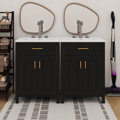 Contemporary 48 Inch Bathroom Vanity Set With Ceramic Basin, Storage Unit Having Flip-Out Drawer And Double-Tier Door Racks