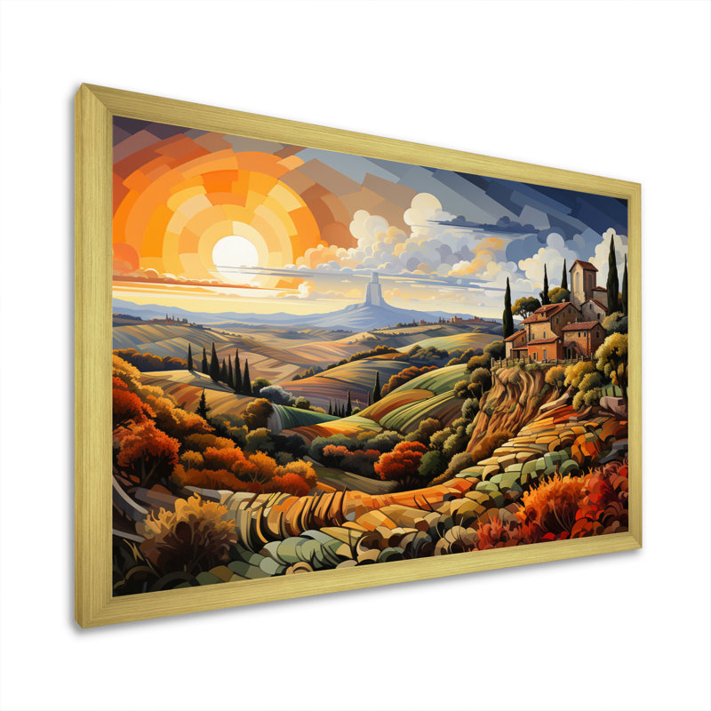 Italie, Toscane, vignobles III, sur toile, H 16 po x l 32 po x P 1 po, Cadre doré simple