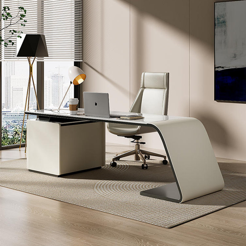 Rectangular Stone+Manufactured Wood with 3 drawers desk, 29.53" H x 55.12" W x 27.56" D, White