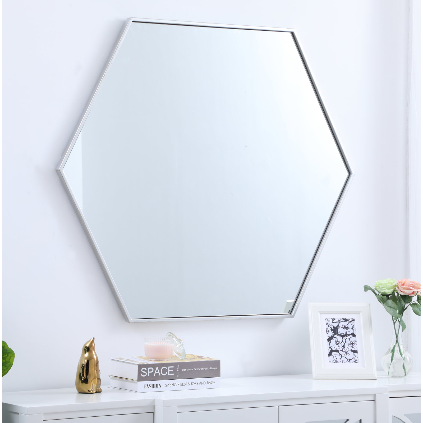 Sabine Metal Hexagon Wall Mirror, Silver, 35" H x 41" W