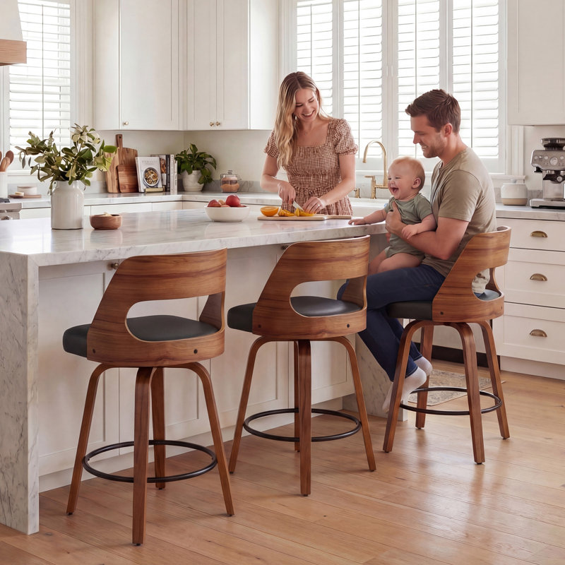 28.9" Mid-Century Upholstered Swivel Bar Stool with Curved Wooden Back and Footrest, Black