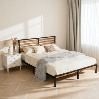 Load-Bearing Classic Full Size Bed Frame with Wood Headboard, Heavy Duty Metal Platform Bed with Under Bed Storage, Noise-Free Mattress Foundation wit