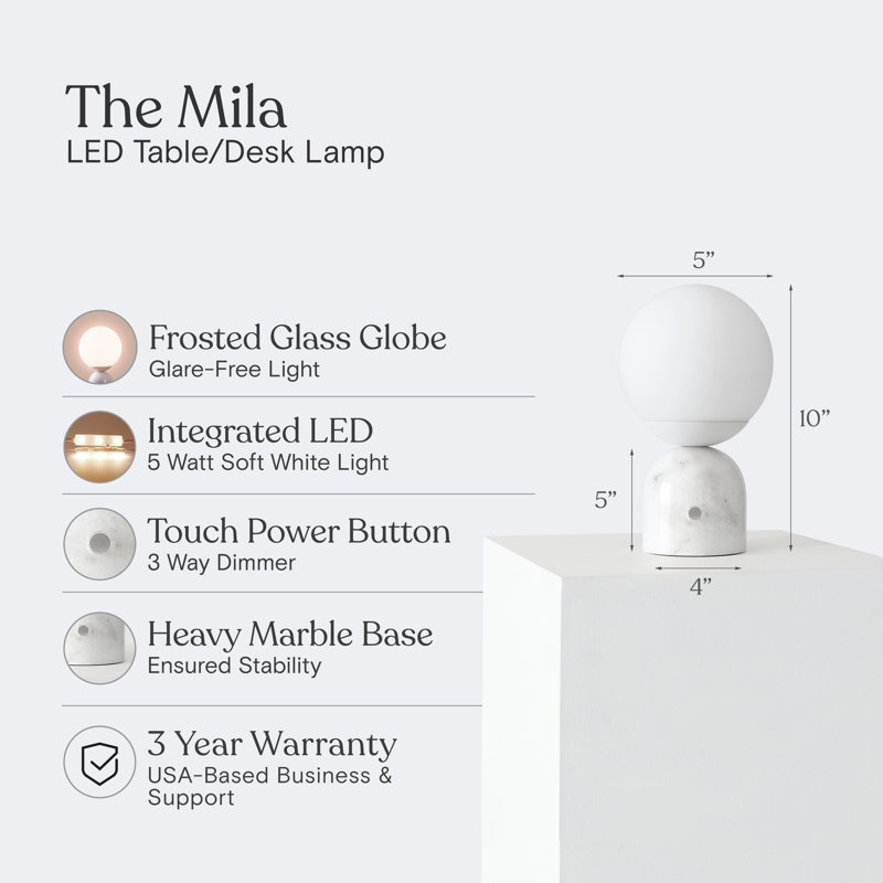 Mila 9.85 in. Mid-Century Modern LED Bedside Table Lamp with Black Marble and Frosted Globe Shade, White