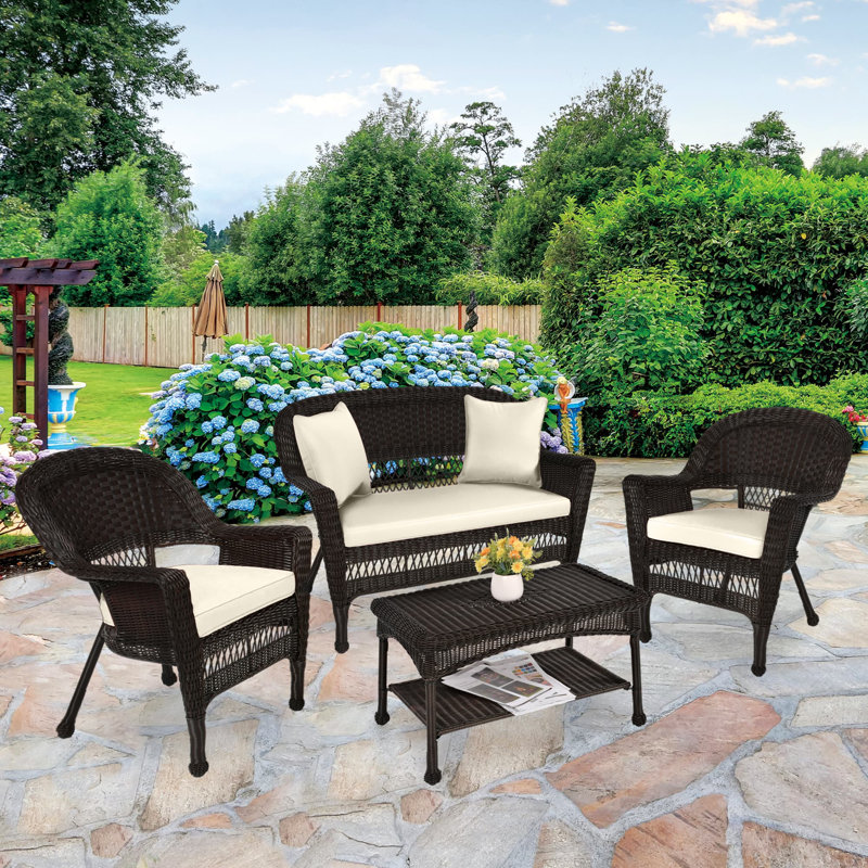Cecilton 4 Piece Rattan Sofa Seating Group , Espresso, Ivory