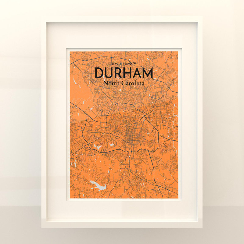 Durham City Map, impression, H 20 po x l 16 po, Orange et gris