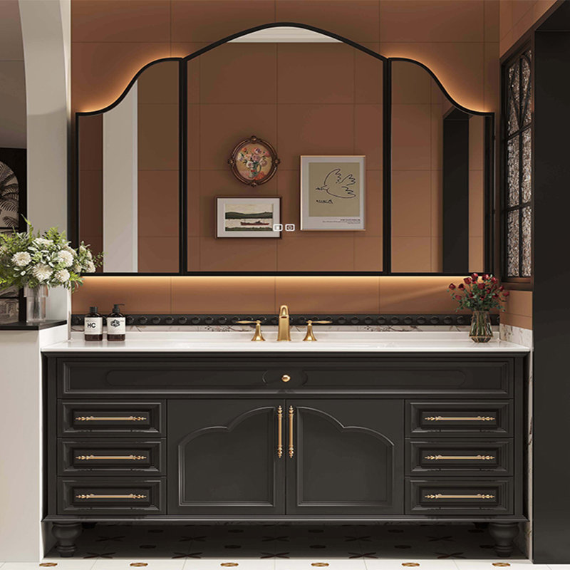 French style retro modern bathroom cabinet, Black, 63"