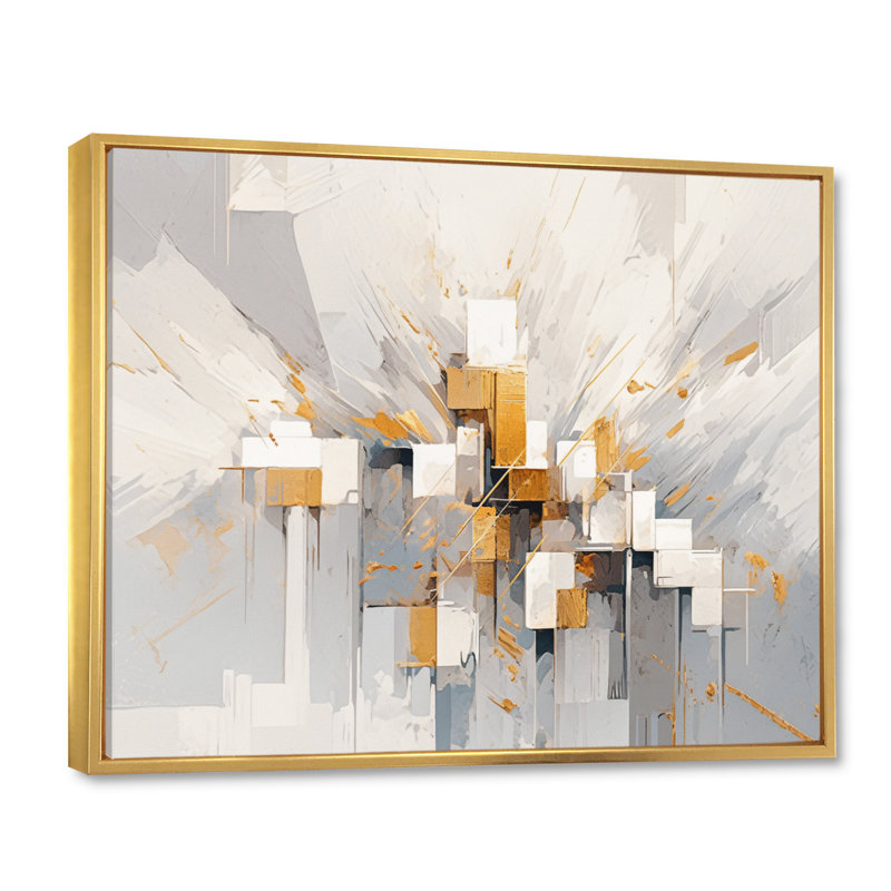 Kaleidoscope cubique beige et doré sur toile, H 16 po x l 32 po x P 1 po, Cadre flottant doré