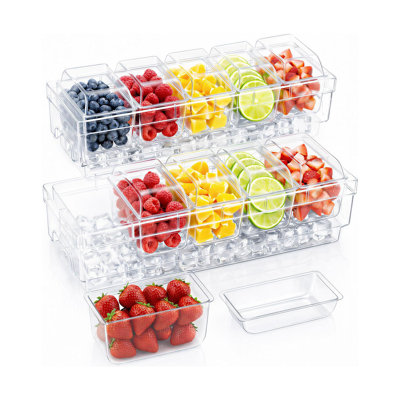 Didadi Plastic Taco Bar Serving Set, Chilled Condiment Containers With Lids 2 Pcs For Party With 5 Containers, Ice Garnish Tray For Mimosa Bar Supplies, Clear Serving Platter For Fruit, Salad, Snack