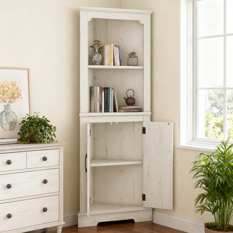 Grande armoire d'angle de style campagnard avec portes, H 69,3 po x l 30,6 po x P 22,3 po, Beige