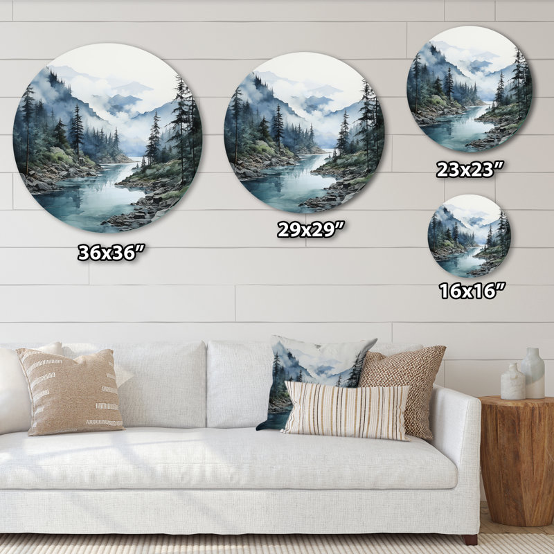 Gris gris bleu minimalisme forêt reflets II - abstrait rond en métal, H 16 po x l 16 po