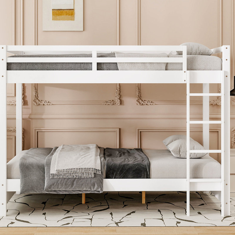 Grand lit superposé blanc, pin et structure, sans sommier, cadre facile à assembler, espace pour les petites chambres partagées, garde-corps