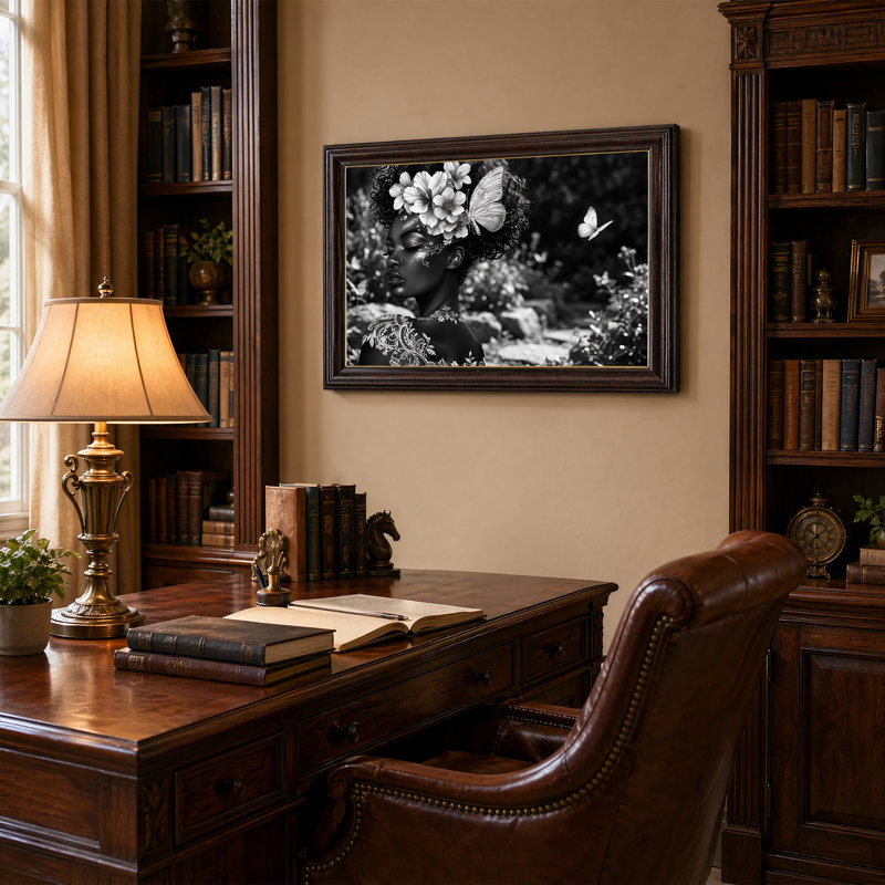 Art mural sur toile noir et blanc avec hibiscus et papillons, H 16 po x l 24 po