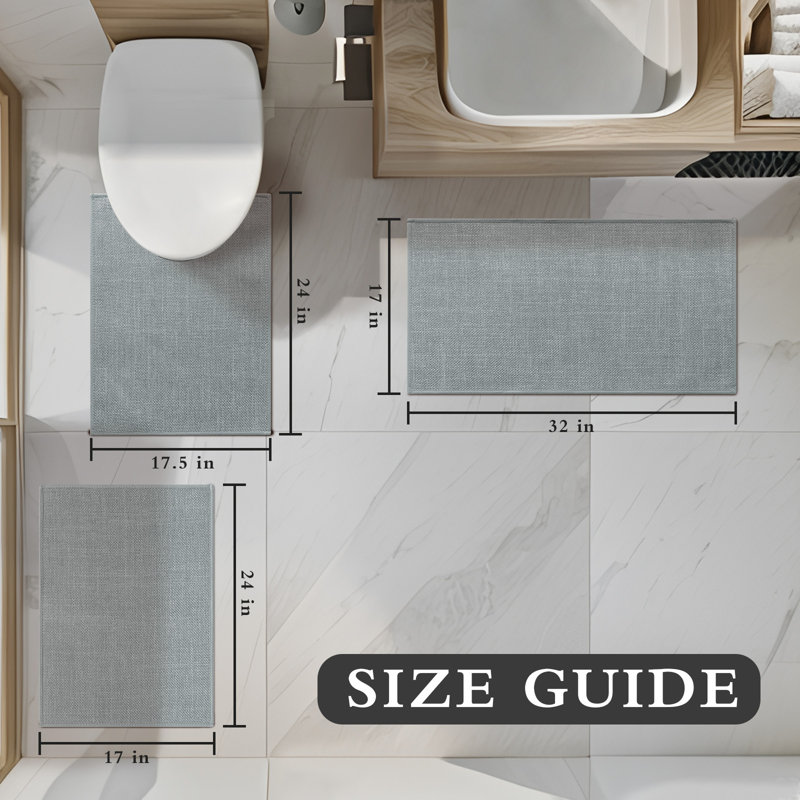 Ensemble de 3 tapis de bain d'aspect lin avec envers antidérapant, Light Grey