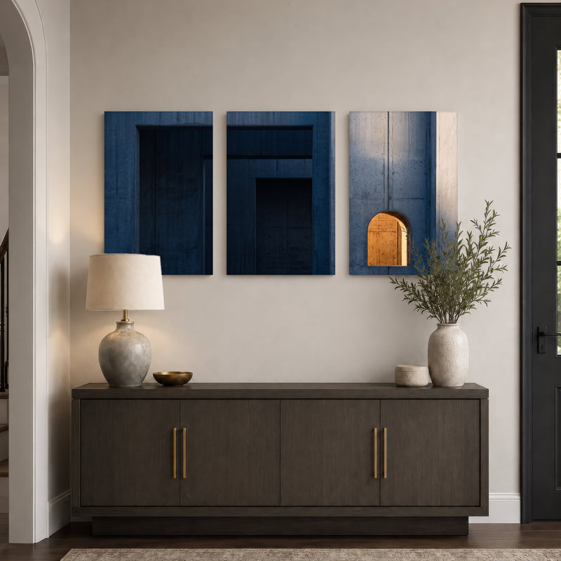 Ensemble de 3 toiles bleues en béton avec fenêtre arquée chaleureuse, 30"H x 20"W x 3pcs