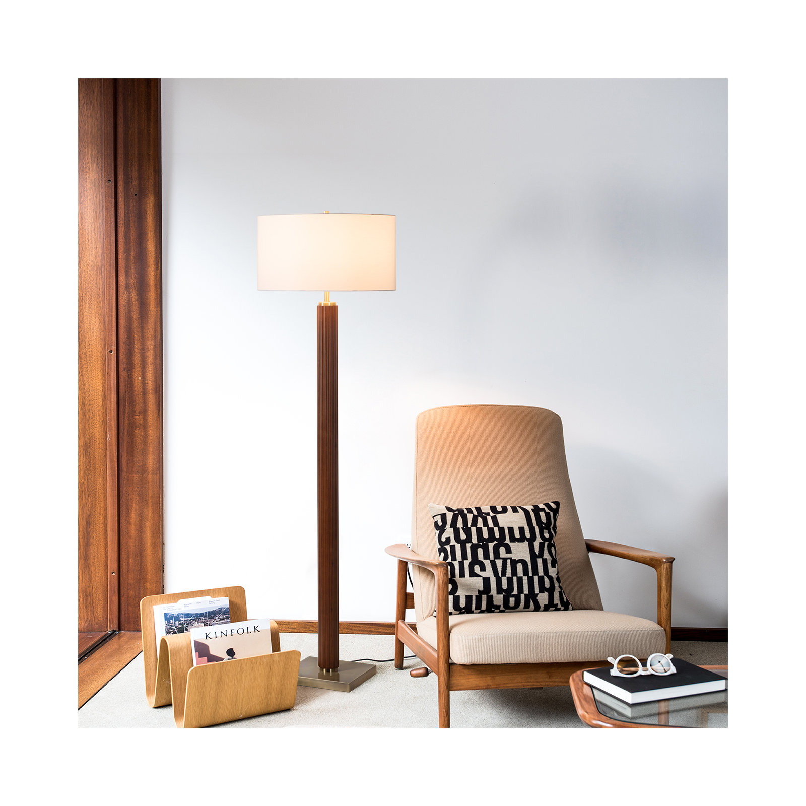 Tambo Floor Lamp -  Weathered Brass, White linen Shade, Dimmer, Dark Walnut
