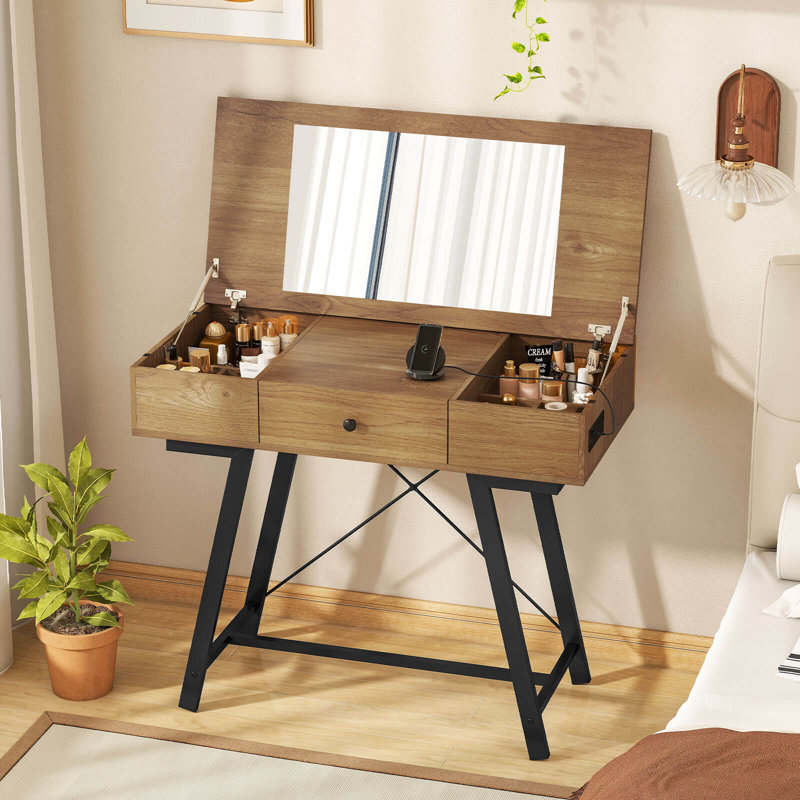 Coiffeuse avec coiffeuse à miroir et plateau de prises de courant