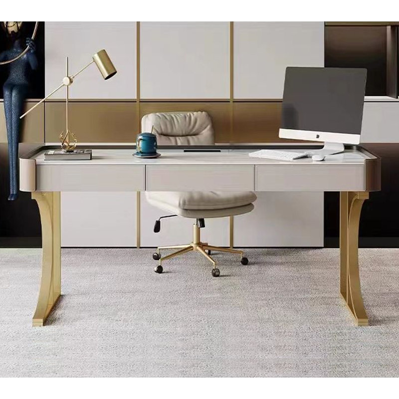 Bureau blanc rectangulaire en bois manufacturé avec 3 tiroirs, H 29,53 po x l 62,99 po x P 23,62 po