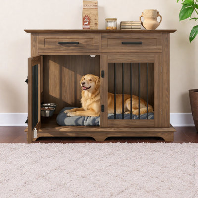 Caisse pour chien double 44,45 po avec 2 tiroirs de rangement et bols rotatifs