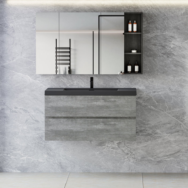 42" Gray and Black Quartz Floating Bathroom Vanity with Sink