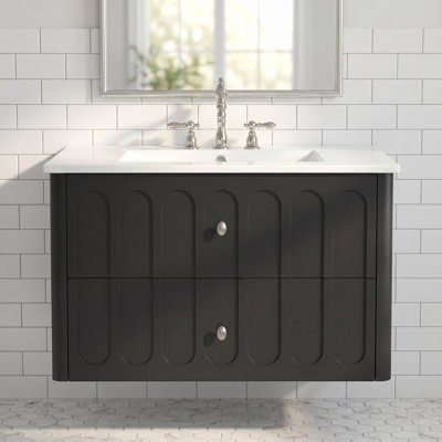 Meuble-lavabo mural 30 po en bois massif et panneau de fibres à densité moyenne avec plateau et 2 tiroirs intégrés noir