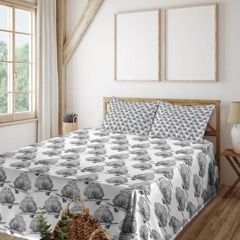 Ambesonne Owl Sheet Set Night Birds on Tree Branch Art Charcoal Grey White, Full Sheet Set + 4 additional pieces
