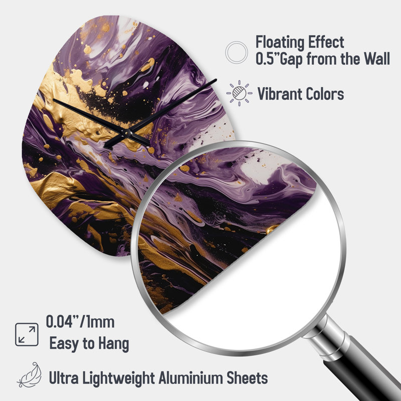 Mauve et or liquide Magic I - horloges murales asymétriques abstraites en métal, horloge murale de forme unique mauve, Grand