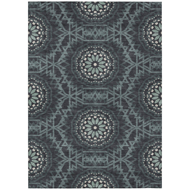 3' X 5' Charcoal Gray And Ivory Floral Medallion Washable Indoor Outdoor Area Rug