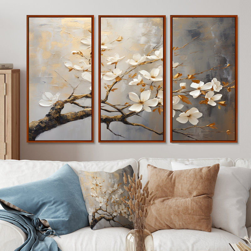 Arbre floral doré et gris sérénité - oiseau, art mural, H 40 po x l 60 po, Toile tendue