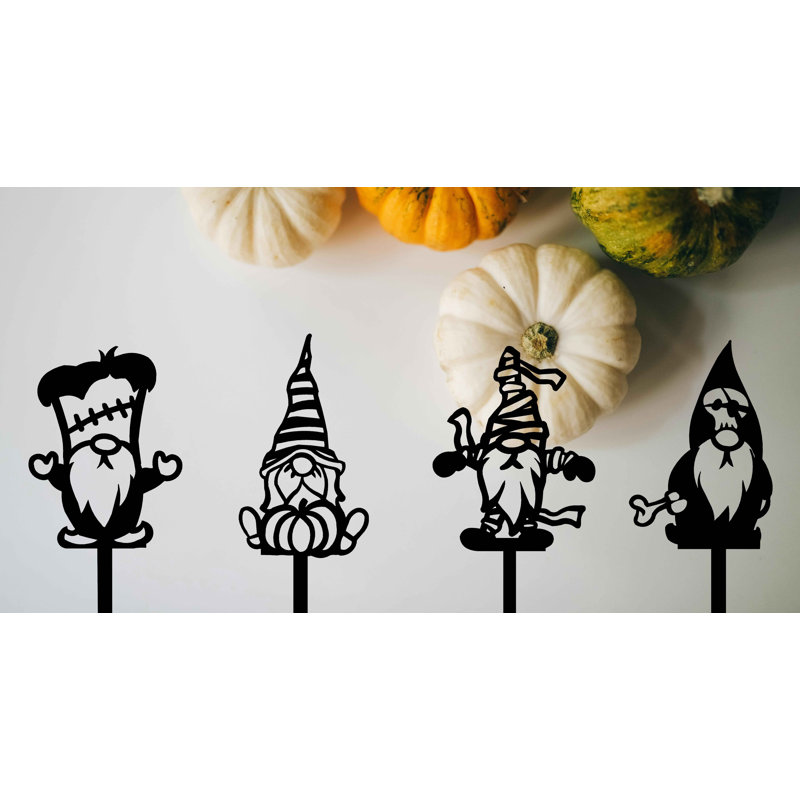 Ensemble de 4 gnomes de jardin d'Halloween en métal pour l'extérieur de Halloween, Noir