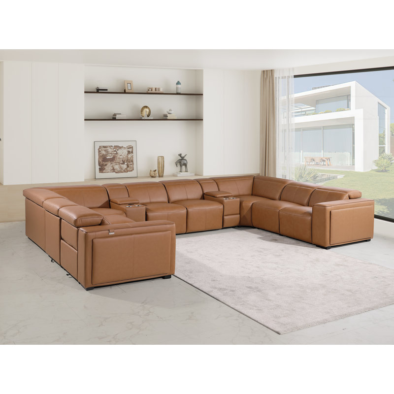 Top Grain Italian Leather 10-Piece U-Shaped Modular Power Reclining Sectional With 4 Power Recliners & Power Headrests